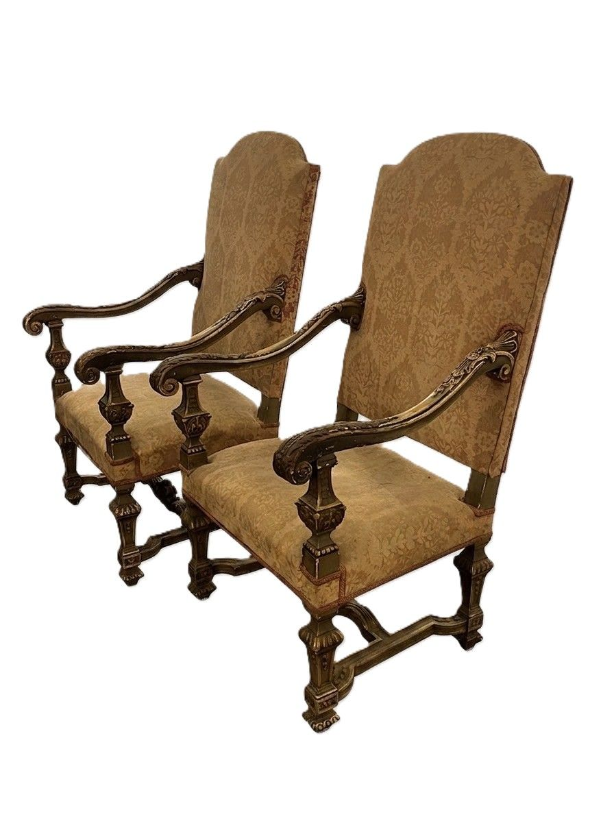 Pair 18th Century French Gilt Carved Walnut Stately Armchairs