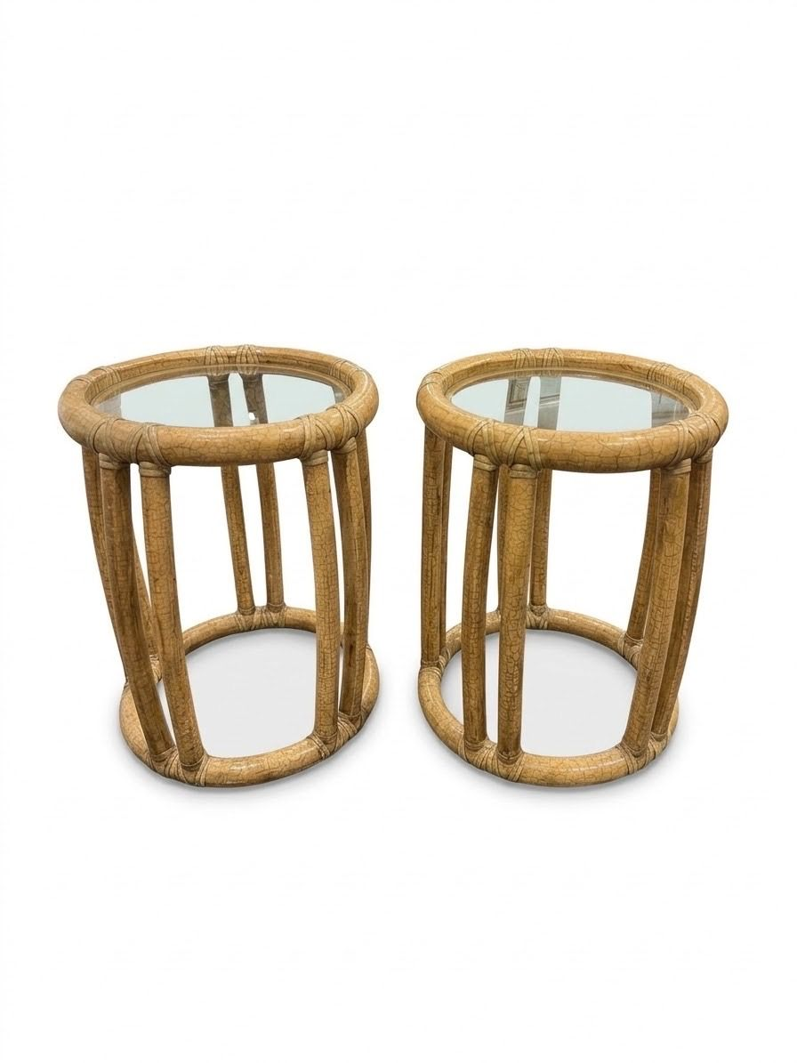 Pair McGuire Bamboo Glass Top Side Tables