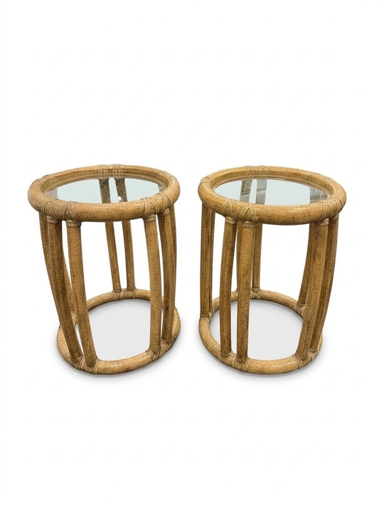 Pair McGuire Bamboo Glass Top Side Tables