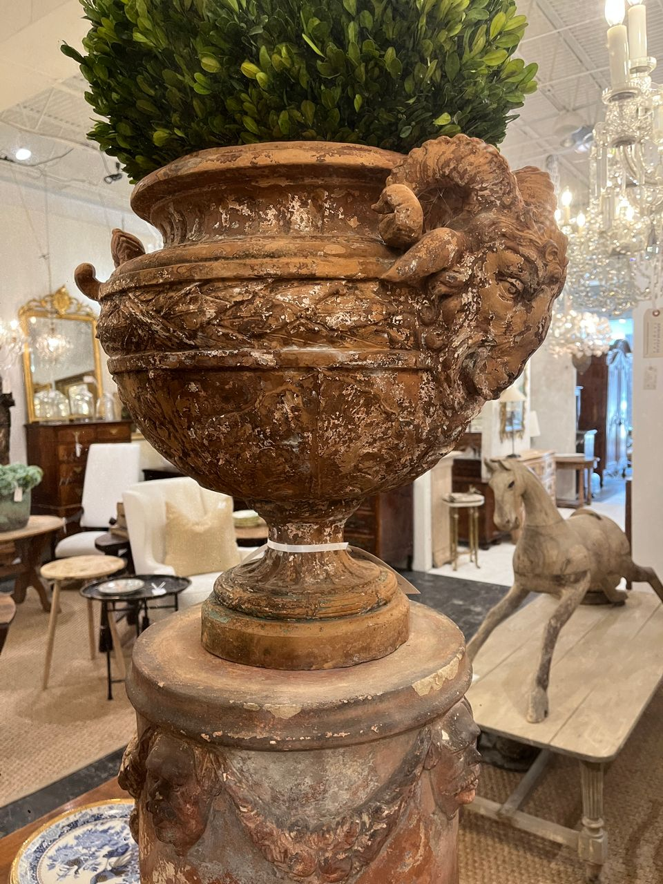 Antique Terracotta Ram's Head Urn on Terracotta Base