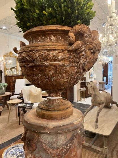 Antique Terracotta Ram's Head Urn on Terracotta Base