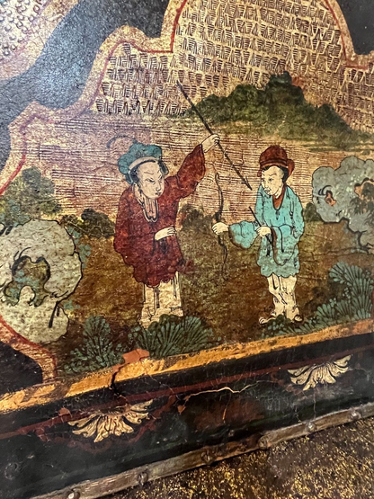 Antique 4 Panel Leather Chinoiserie Folding Screen