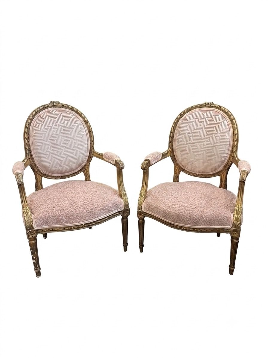 Pair Louis XVI Giltwood, Carved Armchairs