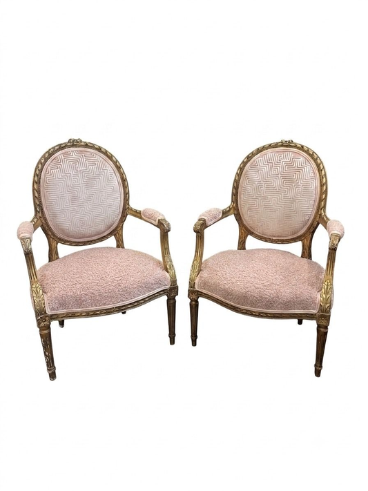 Pair Louis XVI Giltwood, Carved Armchairs