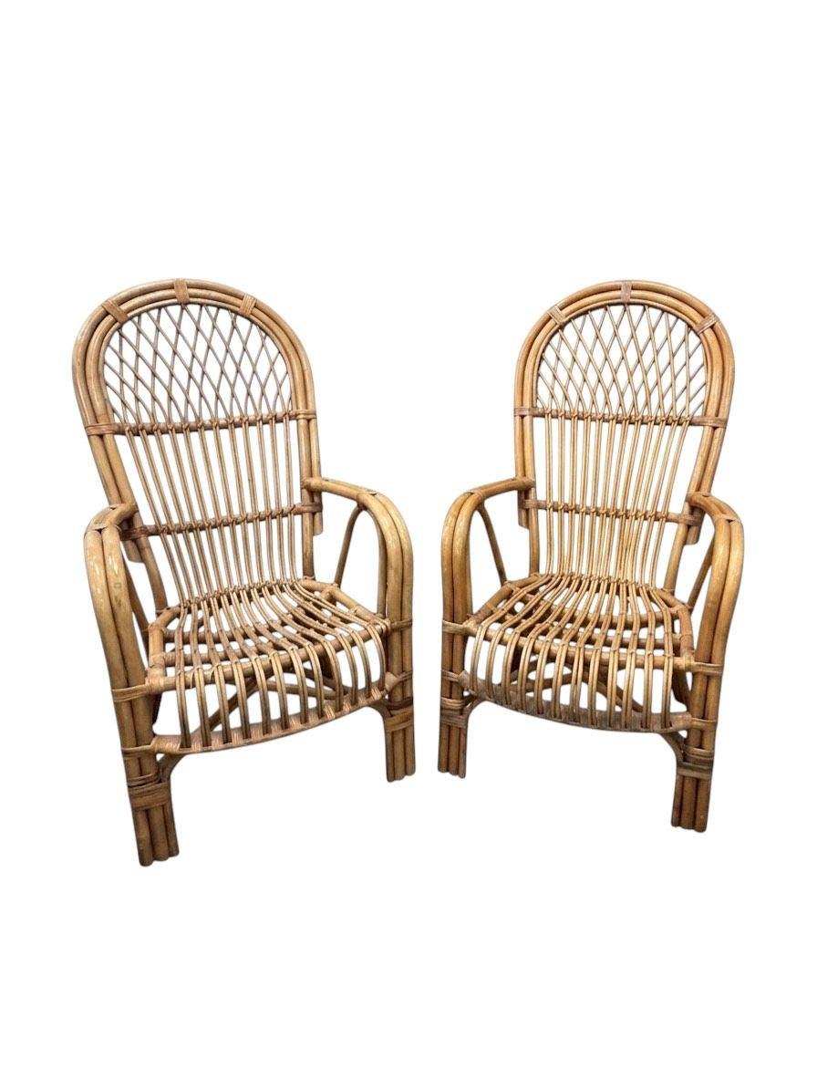 Pair of 70's Spanish Bamboo Lounge Chairs