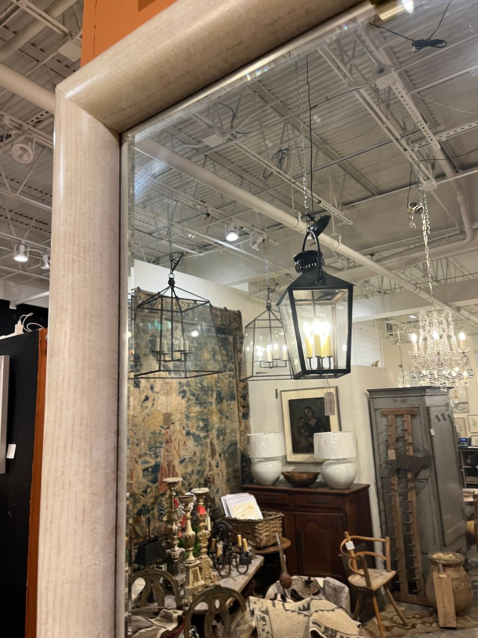 1980’s Large Whitewashed Oak and Brass Henredon Mirror