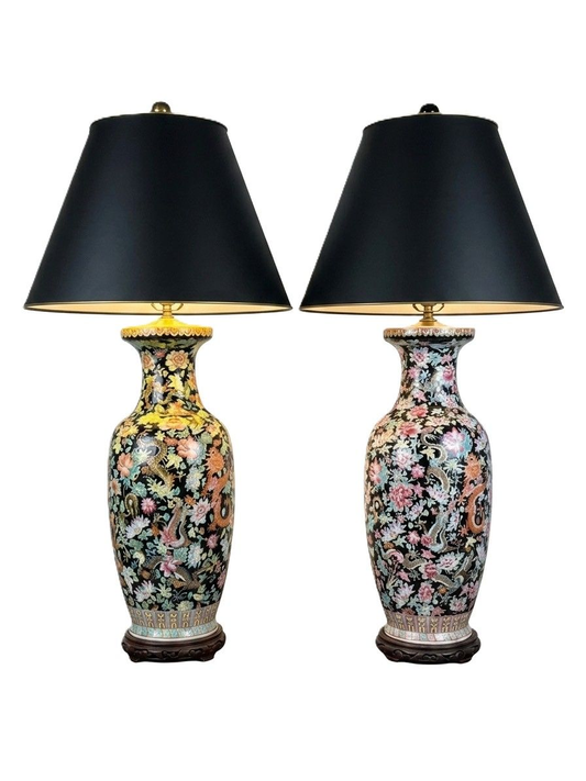 Pair Mid 20th Century Tall Famille Noir Table Lamps