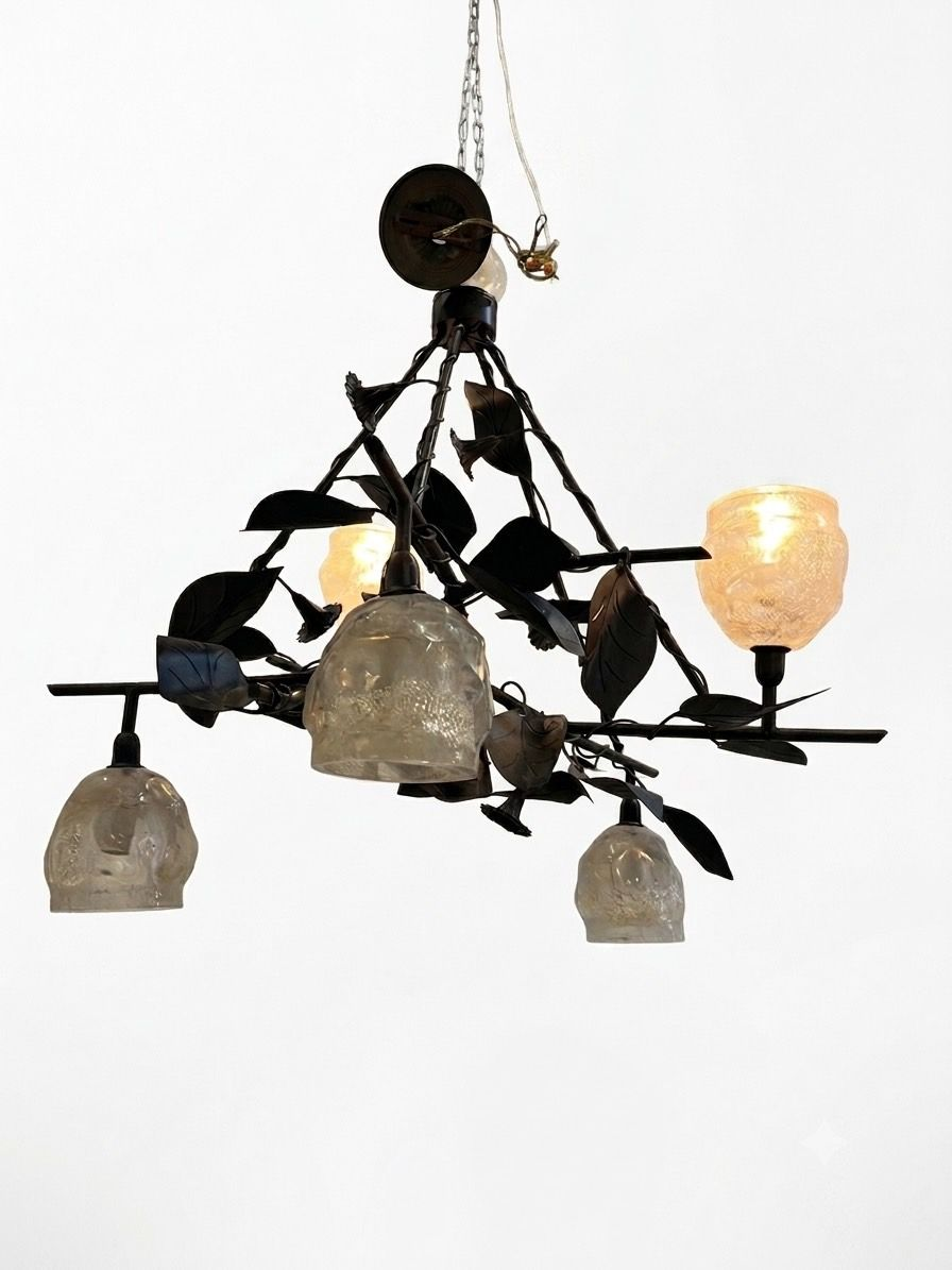 Vintage Petitot Deco Style Wrought Iron Chandelier