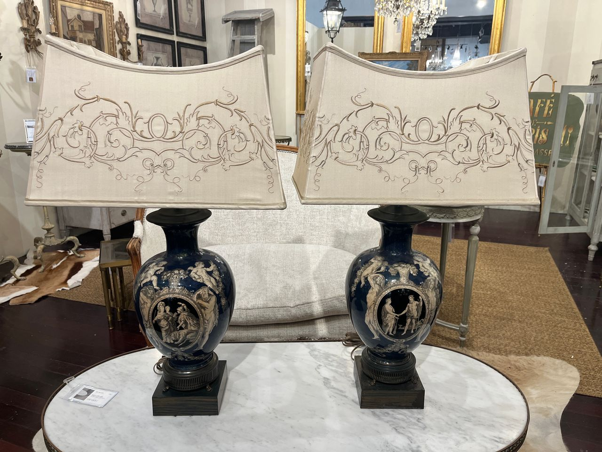 Pair Neoclassical Cobalt Blue Urn Shaped Table Lamps