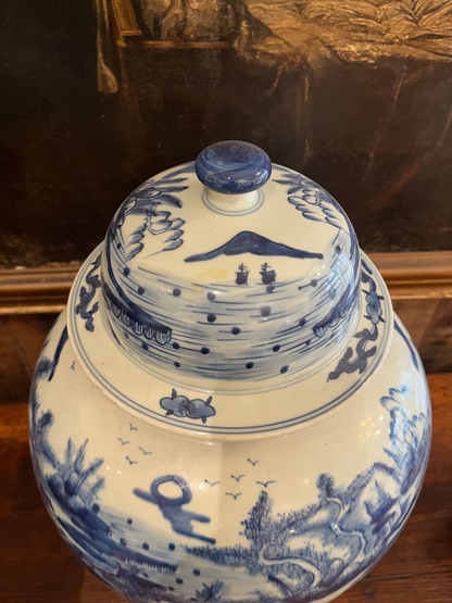 Pair Chinese Blue & White Porcelain Temple Jars
