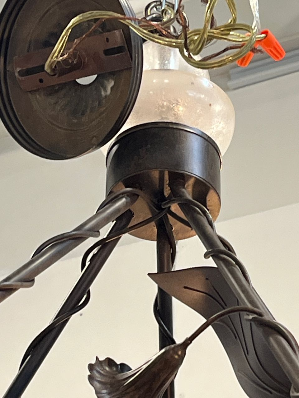 Vintage Petitot Deco Style Wrought Iron Chandelier