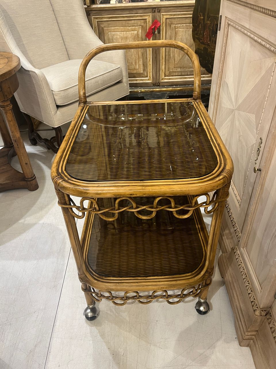 Vintage Two-Tiered Rattan and Bamboo Bar Cart