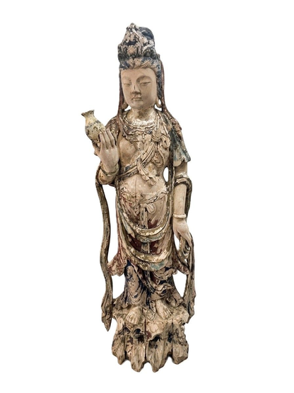 Antique Chinese Wood Carved Guanyin Statue