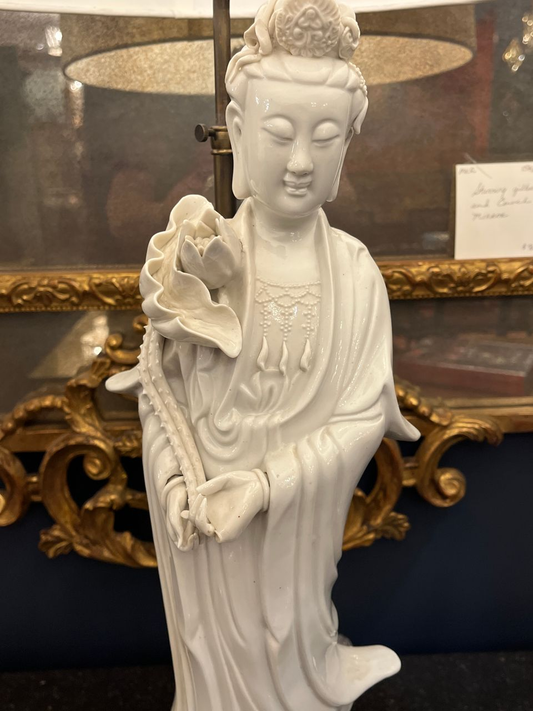 Porcelain Quan Yin Table Lamp with Silk Shade