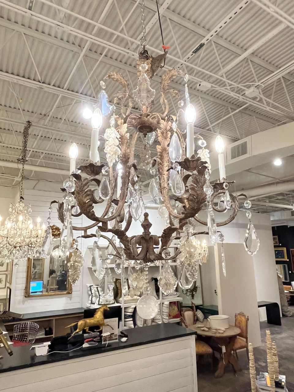 Antique French Tole 6 Light Crystal Chandelier