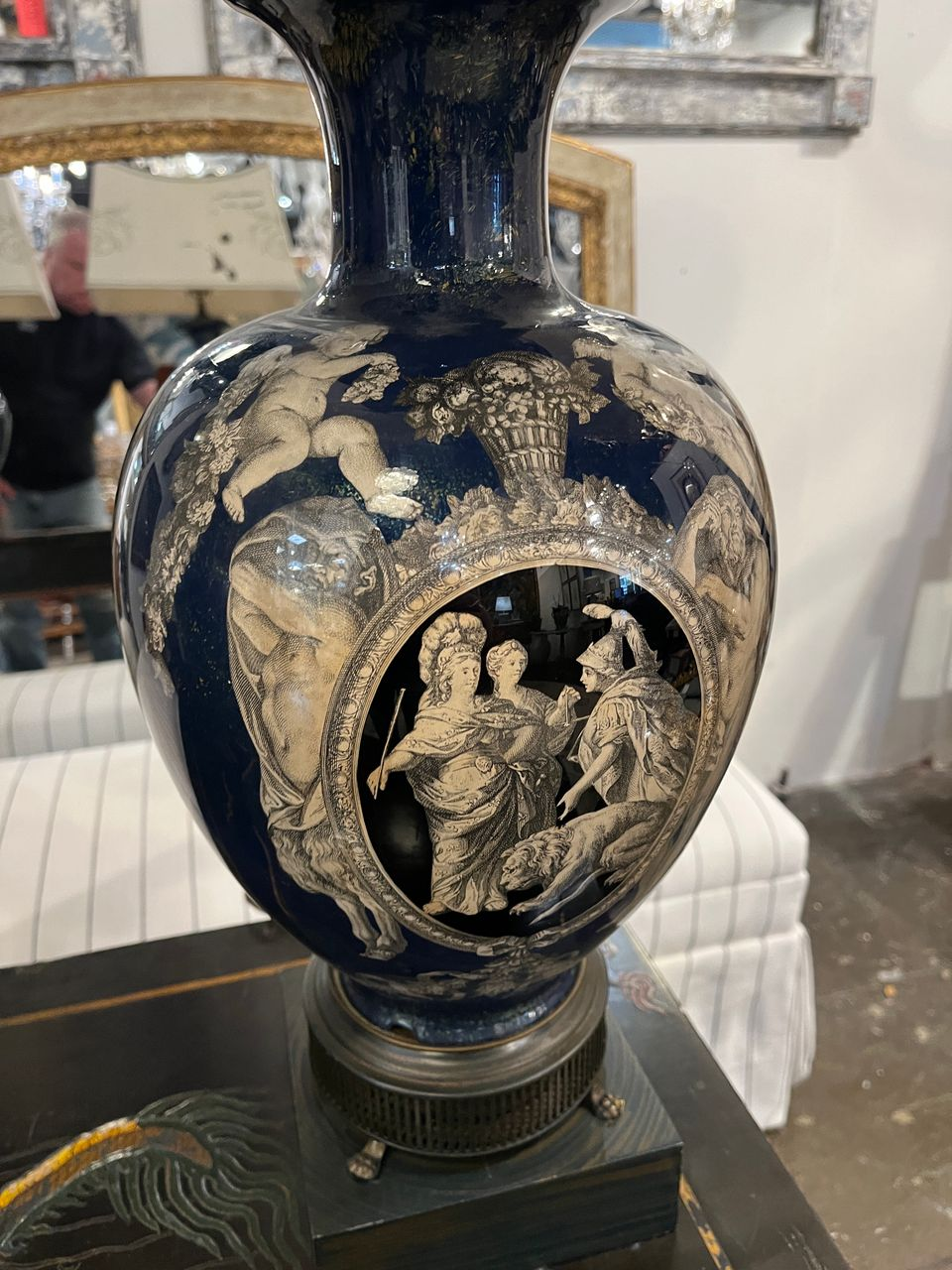 Pair Neoclassical Cobalt Blue Urn Shaped Table Lamps
