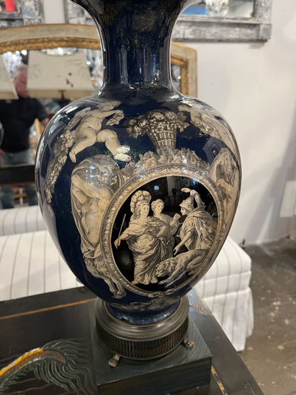 Pair Neoclassical Cobalt Blue Urn Shaped Table Lamps