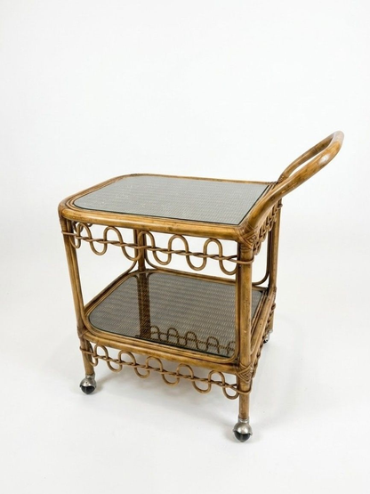 Vintage Two-Tiered Rattan and Bamboo Bar Cart