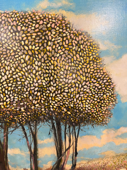 Oil on Canvas Cluster of Trees against a Blue Sky