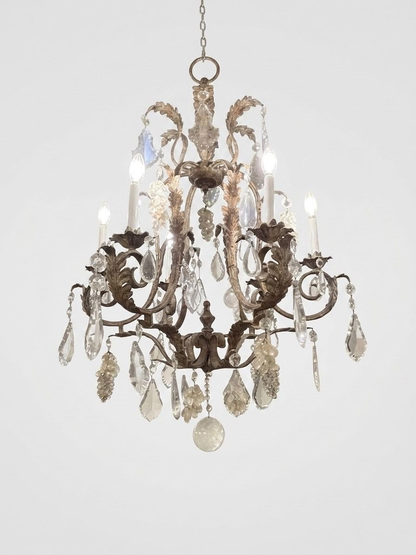 Antique French Tole 6 Light Crystal Chandelier
