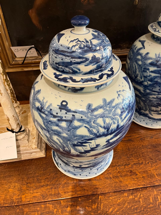 Pair Chinese Blue & White Porcelain Temple Jars