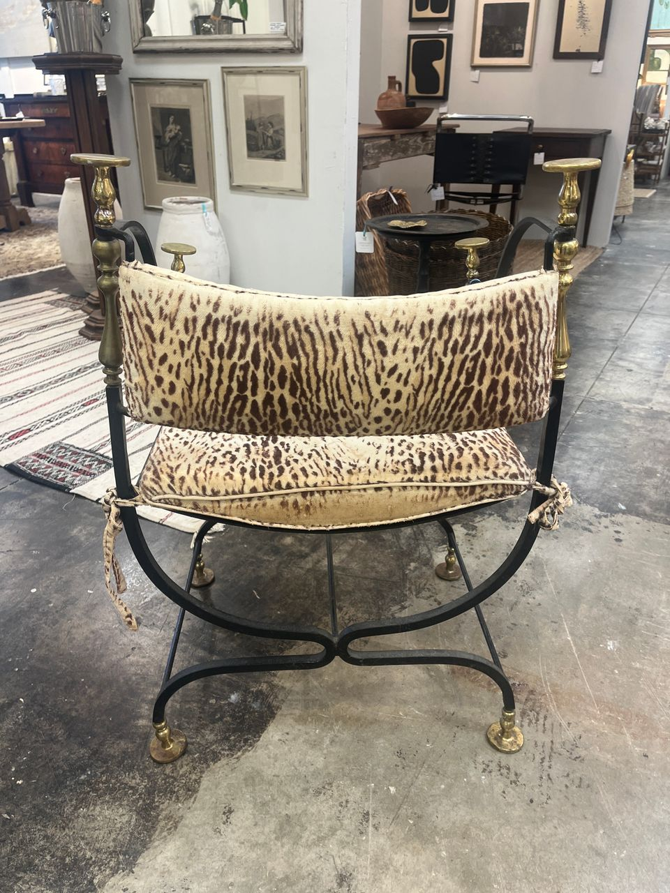Italian Savonarola Wrought Iron and Brass Chair