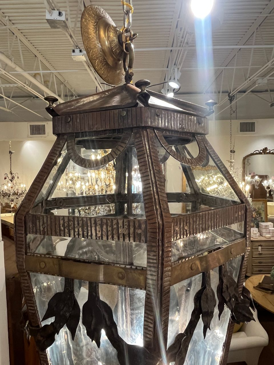 1910 Iron and Brass Lantern Chandelier