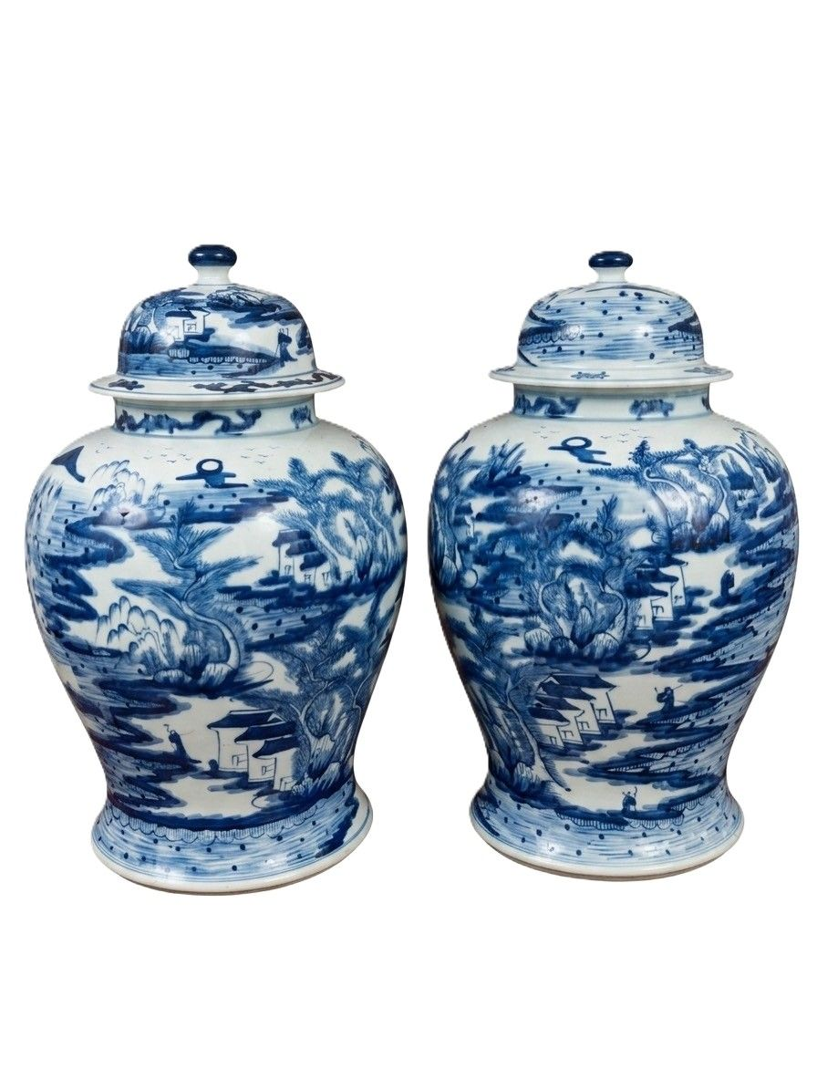 Pair Chinese Blue & White Porcelain Temple Jars