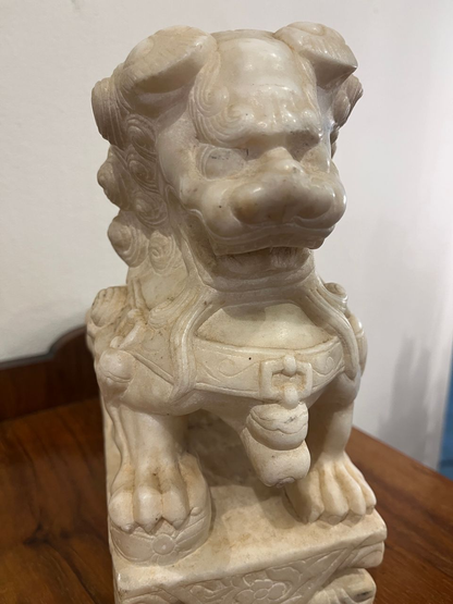 Pair of Antique Carved Marble Foo Dogs