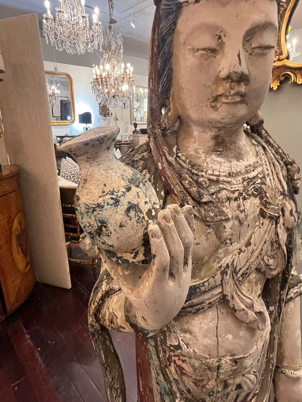 Antique Chinese Wood Carved Guanyin Statue