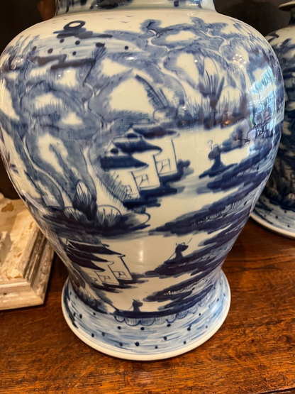 Pair Chinese Blue & White Porcelain Temple Jars