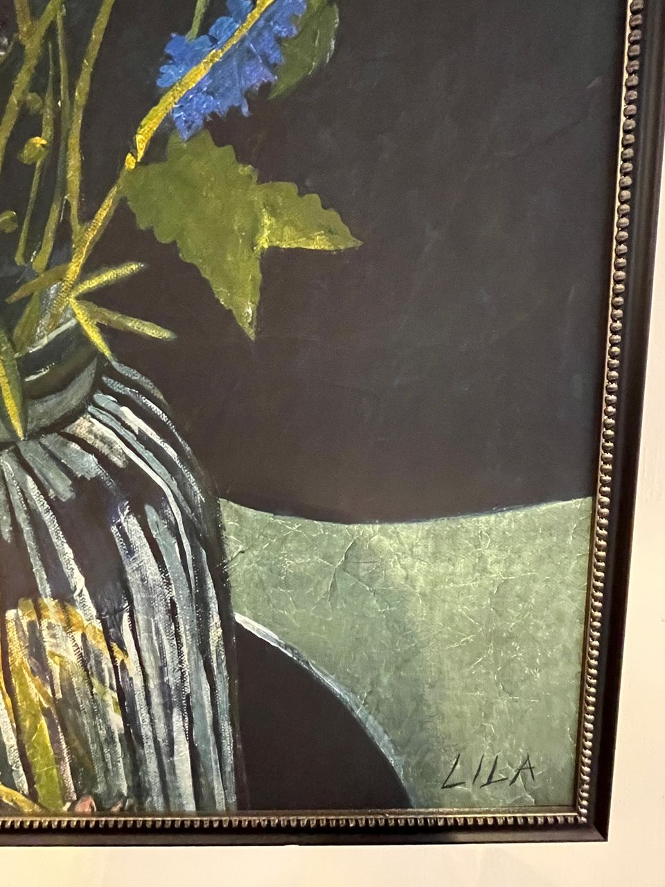 Framed Lila Bacon "Wildflowers in Vase on Table"