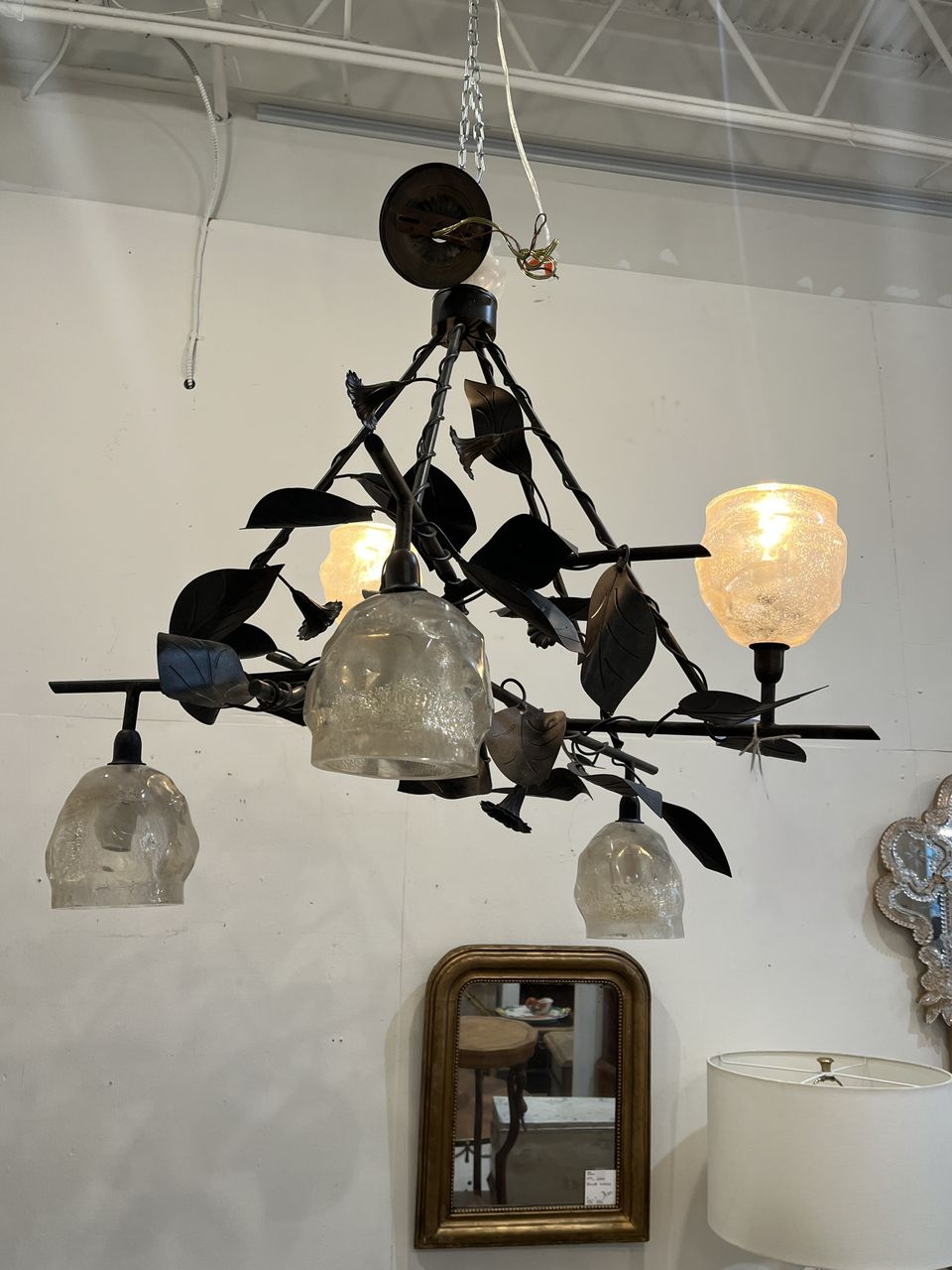 Vintage Petitot Deco Style Wrought Iron Chandelier