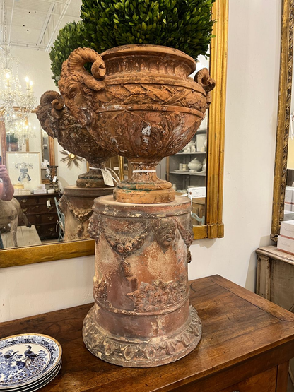 Antique Terracotta Ram's Head Urn on Terracotta Base