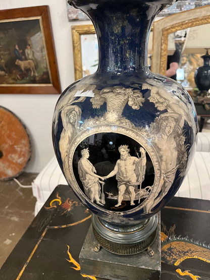 Pair Neoclassical Cobalt Blue Urn Shaped Table Lamps