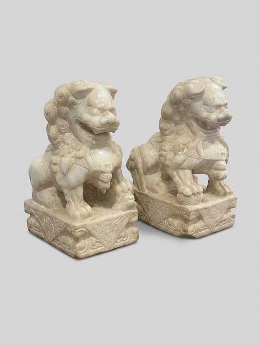 Pair of Antique Carved Marble Foo Dogs