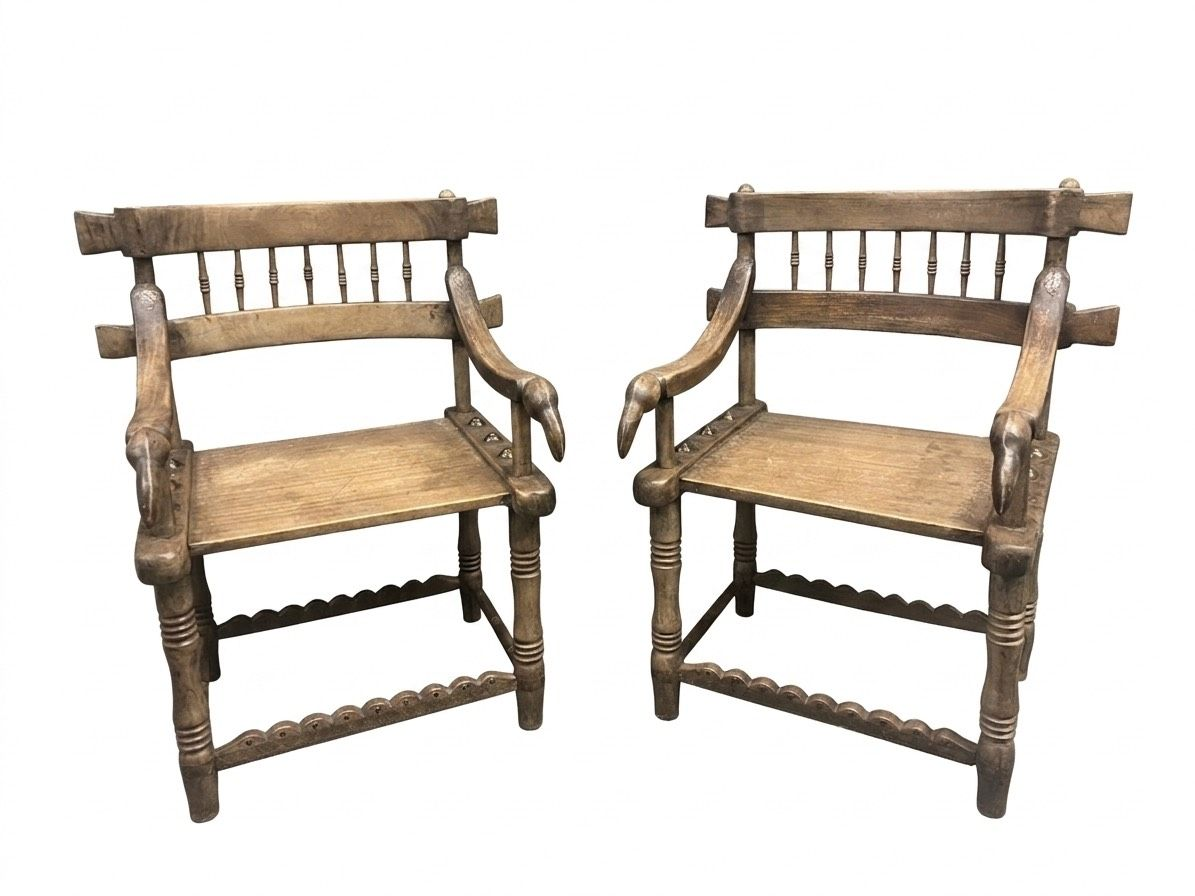 Pair Antique African Baule Chief Armchairs
