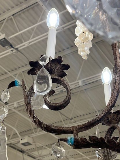 Antique French Tole 6 Light Crystal Chandelier