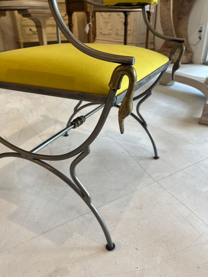 Pair Regency style Neoclassical Iron Chairs with Brass Swans
