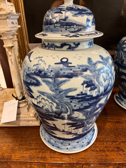 Pair Chinese Blue & White Porcelain Temple Jars