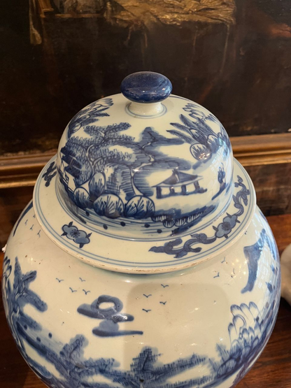 Pair Chinese Blue & White Porcelain Temple Jars