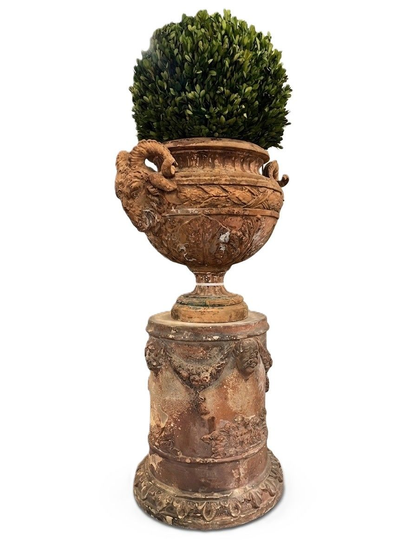 Antique Terracotta Ram's Head Urn on Terracotta Base