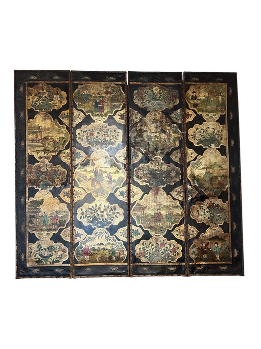 Antique 4 Panel Leather Chinoiserie Folding Screen