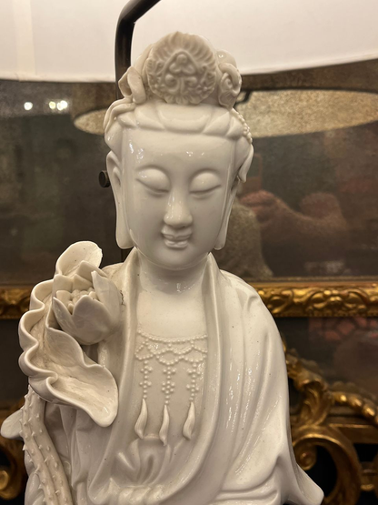 Porcelain Quan Yin Table Lamp with Silk Shade