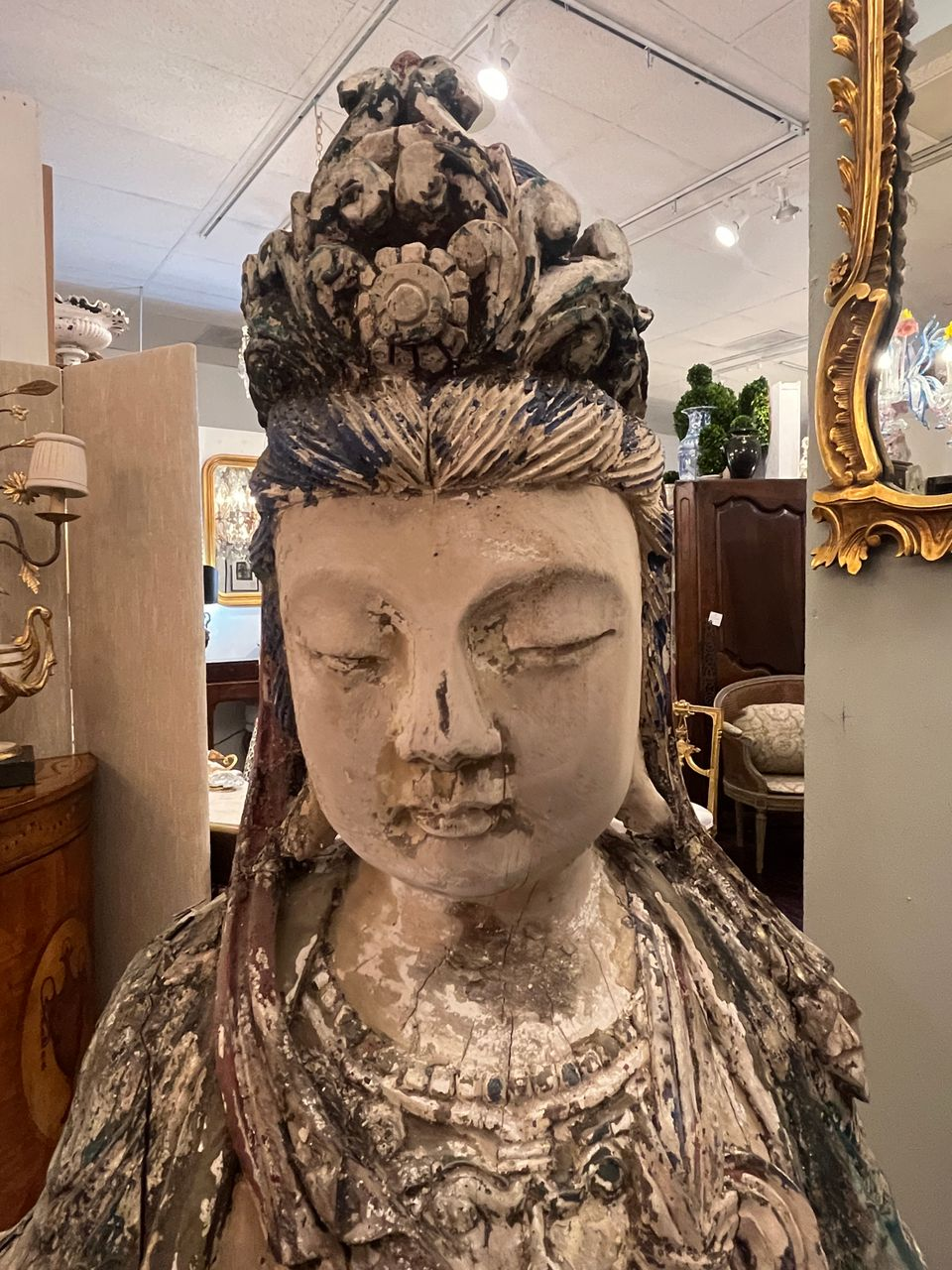 Antique Chinese Wood Carved Guanyin Statue