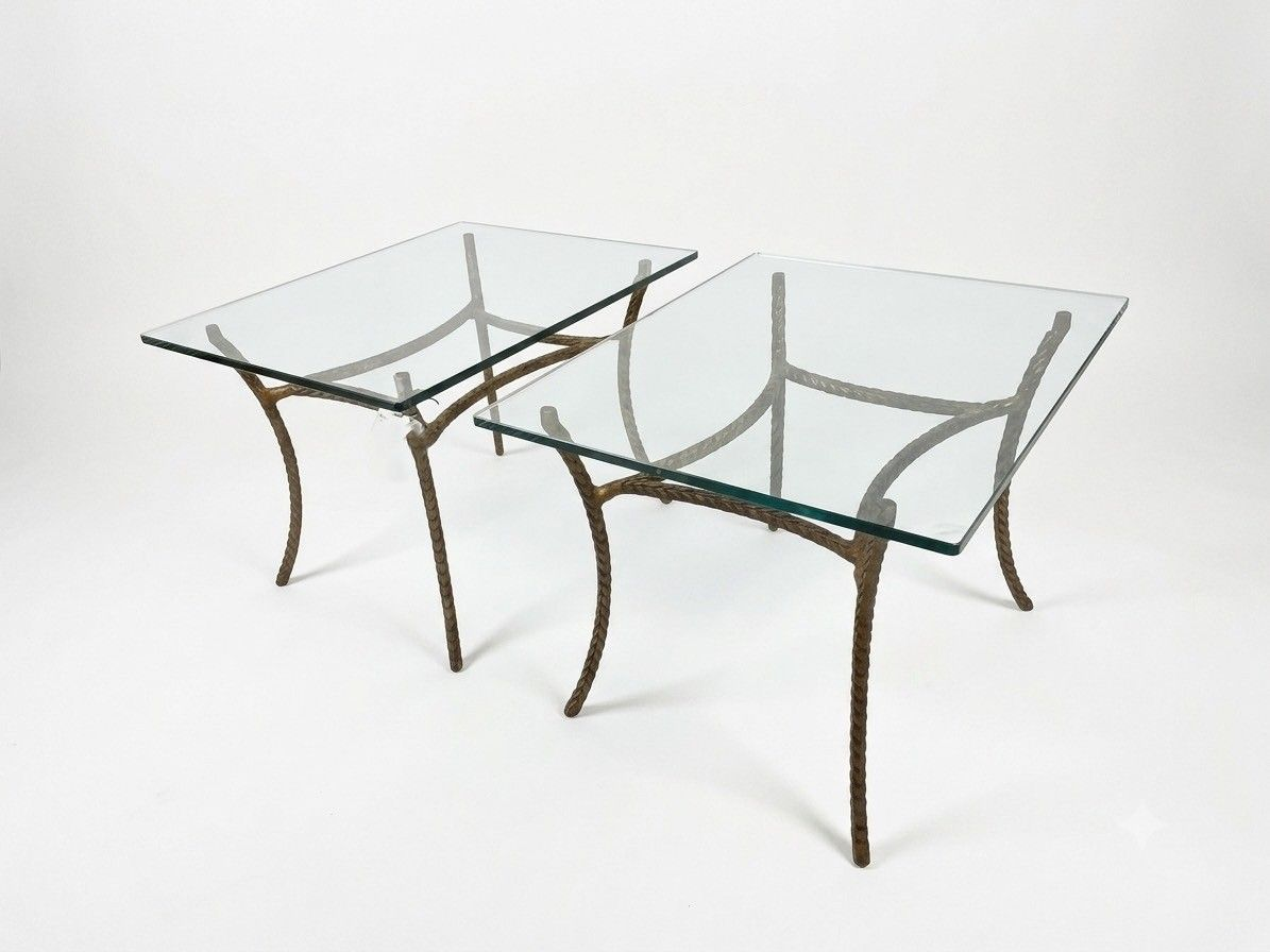 Pair Hollywood Regency Forged Iron and Glass Side Tables