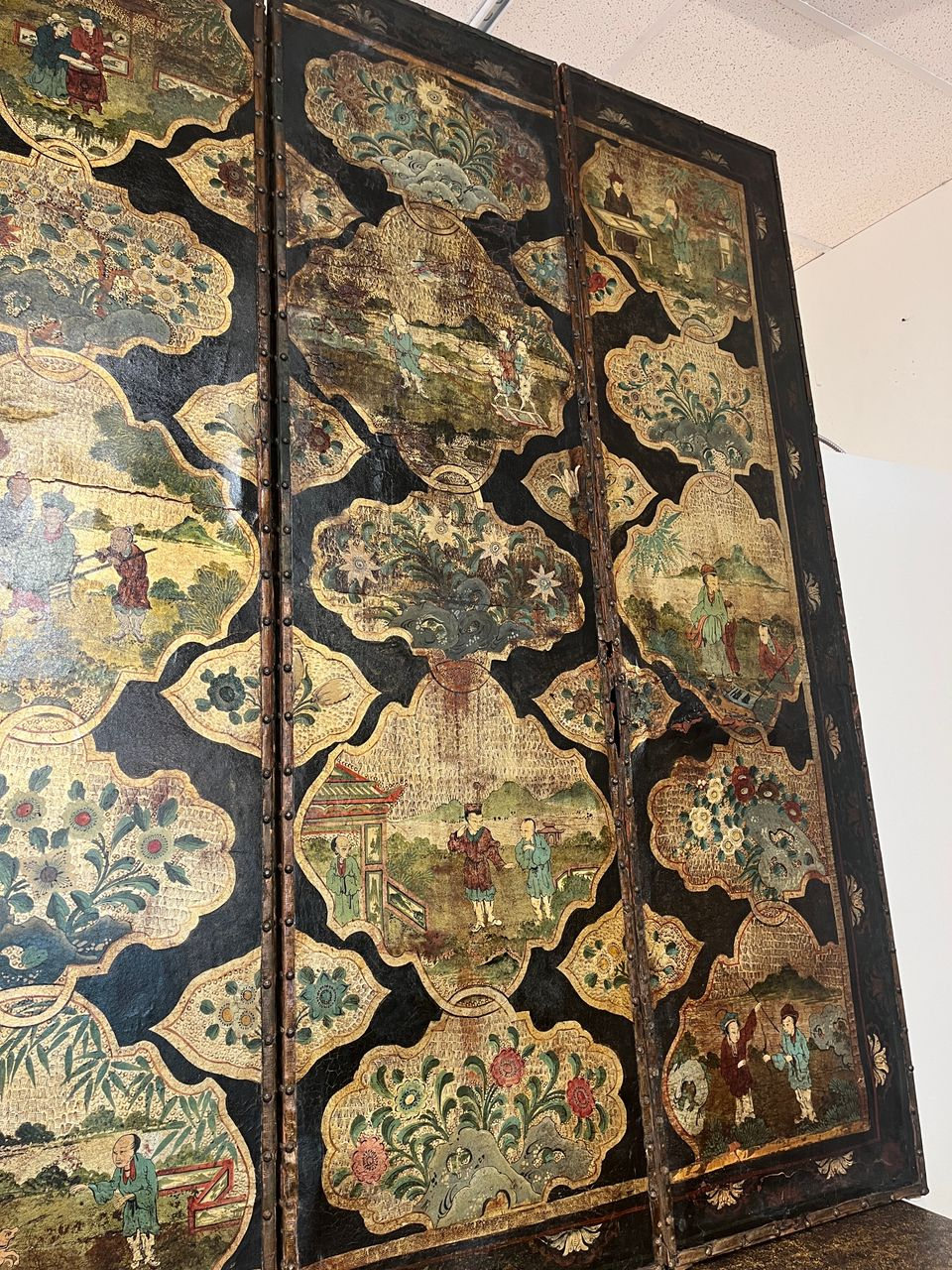 Antique 4 Panel Leather Chinoiserie Folding Screen