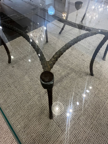 Pair Hollywood Regency Forged Iron and Glass Side Tables