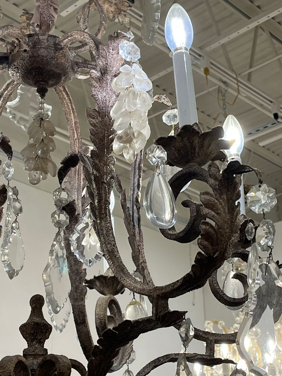 Antique French Tole 6 Light Crystal Chandelier