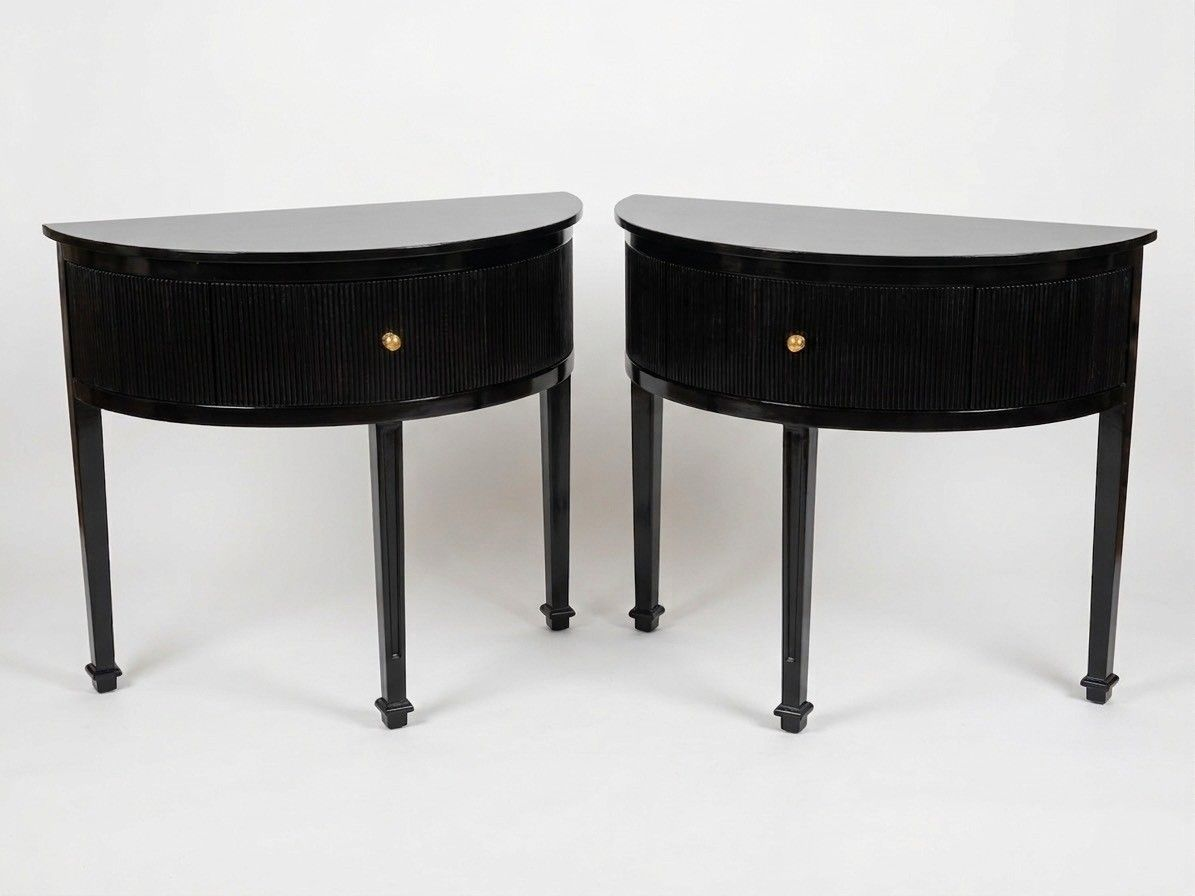 Pair of Black Lacquered Demilune Tables